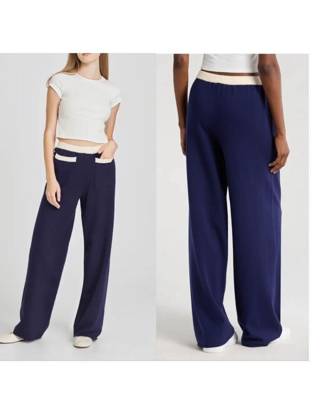 WAYF XS NWOT NAVY AND WHITE KNIT WIDE LEG PANTS